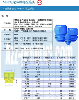【藍色 本安防爆尼龍電纜接頭】價格,廠家,圖片,直通、接頭,南京美盛電氣儀表工程-